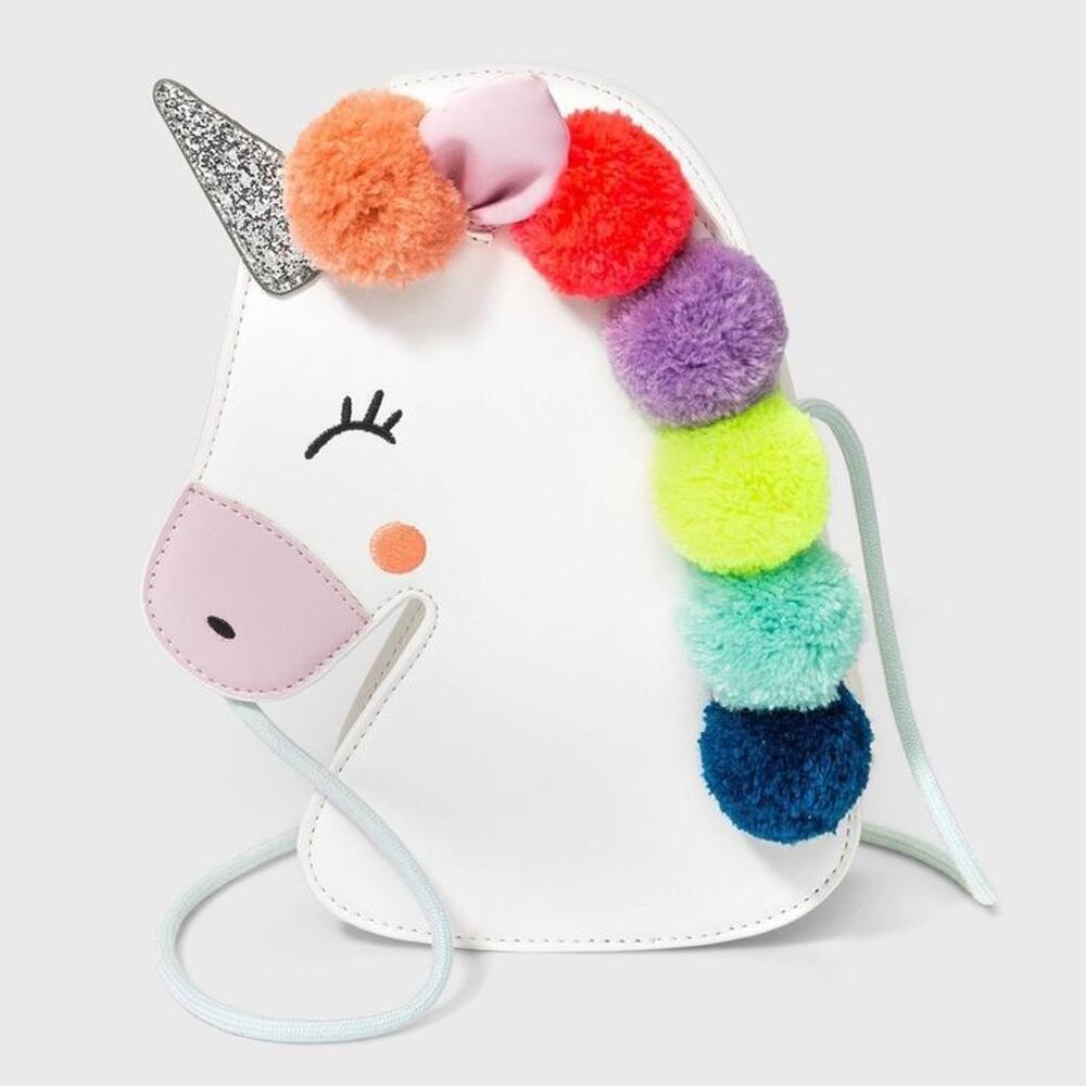 Cat & Jack Girl’s Purse Pom Pom White Unicorn Crossbody Bag New